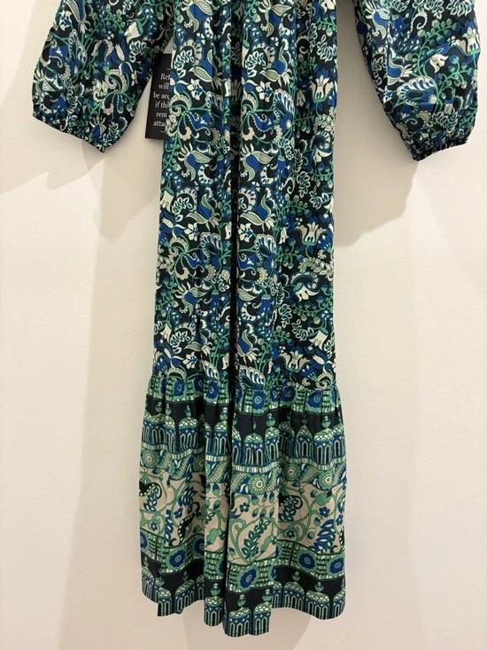 Tuckernuck Lyles Dress Green Batik Floral Puff Sleeve Belted Midi Size M NWT - Picture 6 of 8